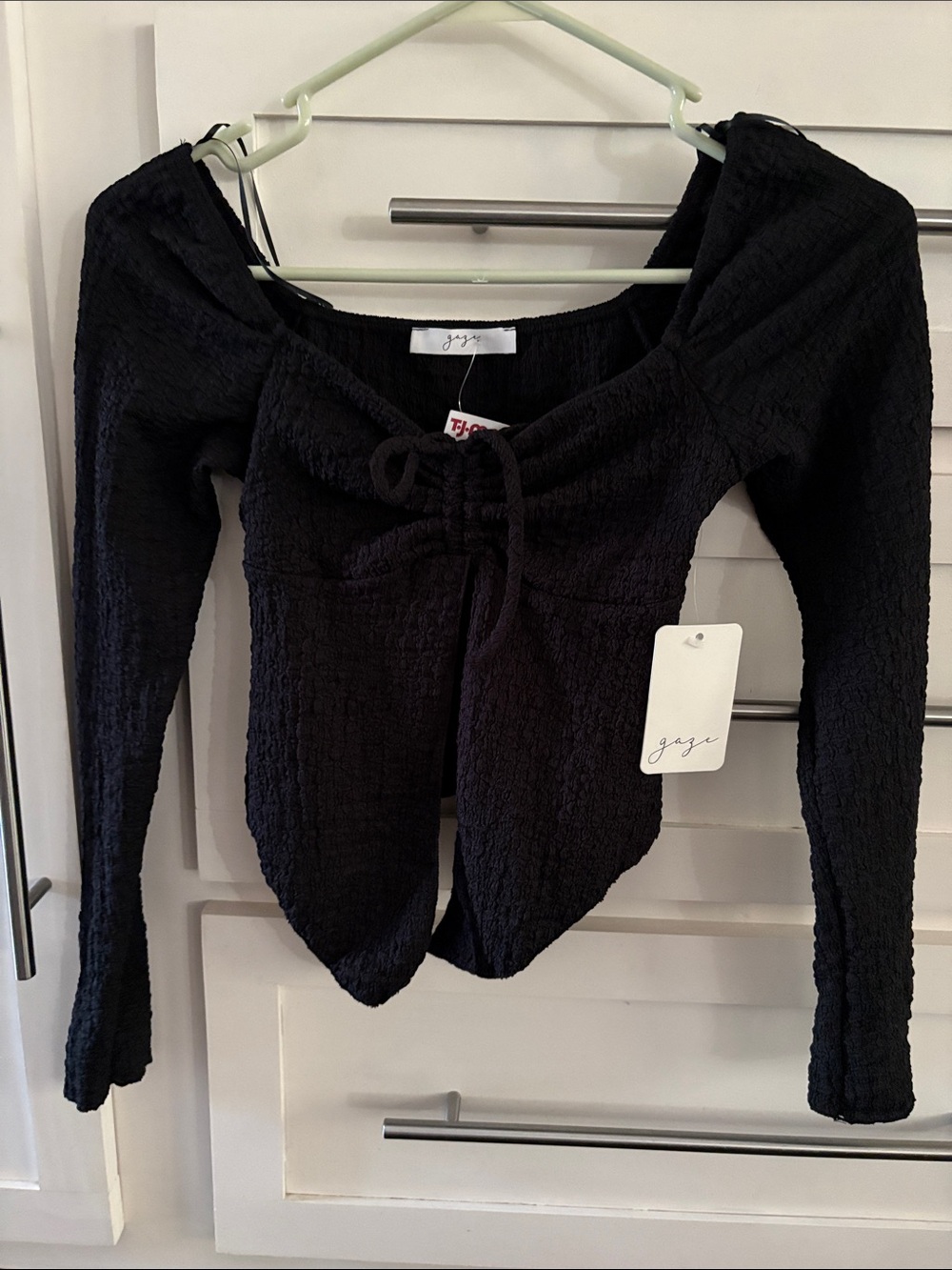 gaze Black Long-Sleeve Tie-Front Textured Top